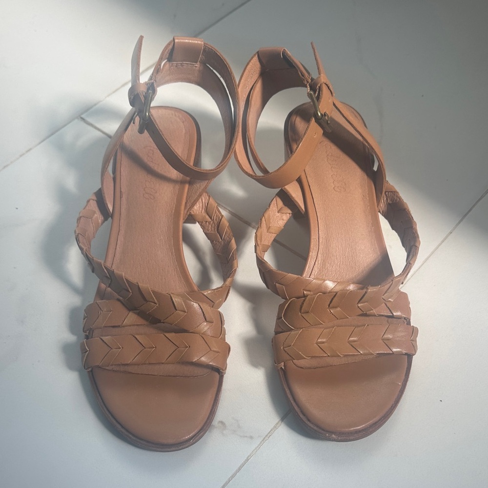 Madewell Claudia Sandal in a natural brown leather w/ braided strap & block heel